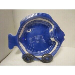 Curras Brothers Blue Dual Reverse Fish Bowl / Dish 10" Tropical Signed w/ Stand